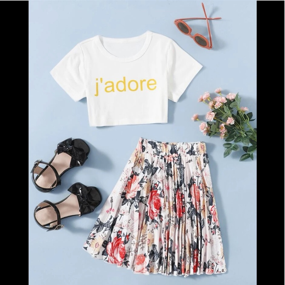 Girls Graphic Tee & Floral Skirt - NWOT